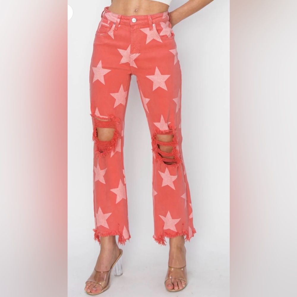 RISEN Star Print Distressed Straight Jeans NWT Size 0